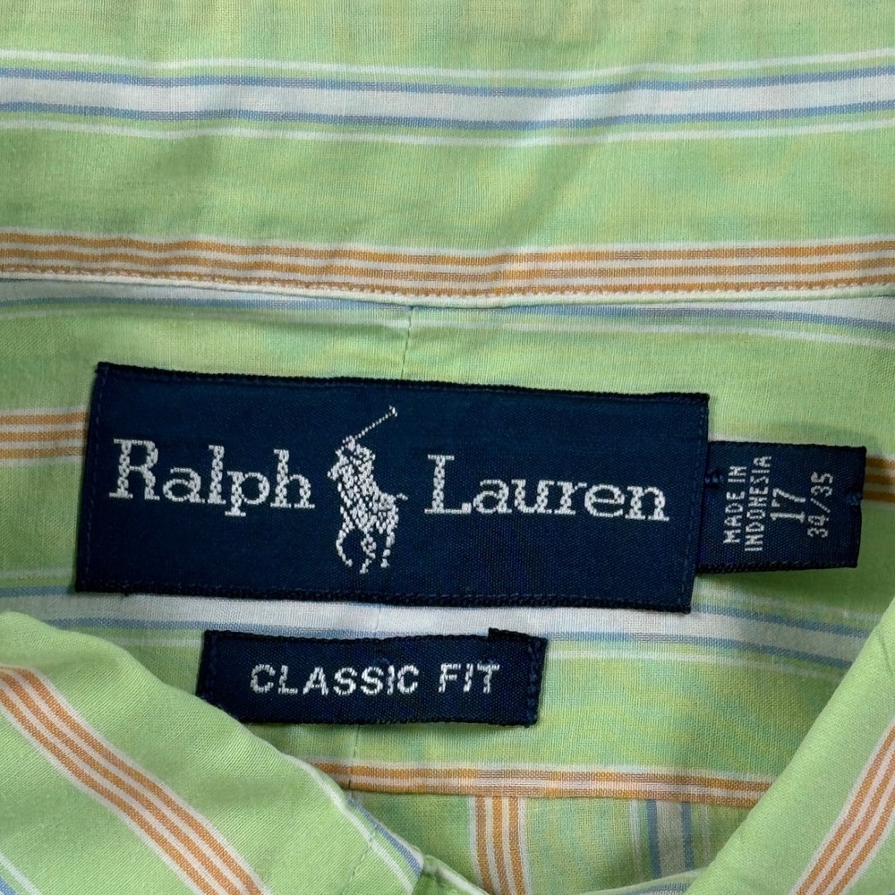 Ralph Lauren Classic Fit Mens 17 34/35 Green Orange Striped Button Down Shirt - Picture 4 of 7
